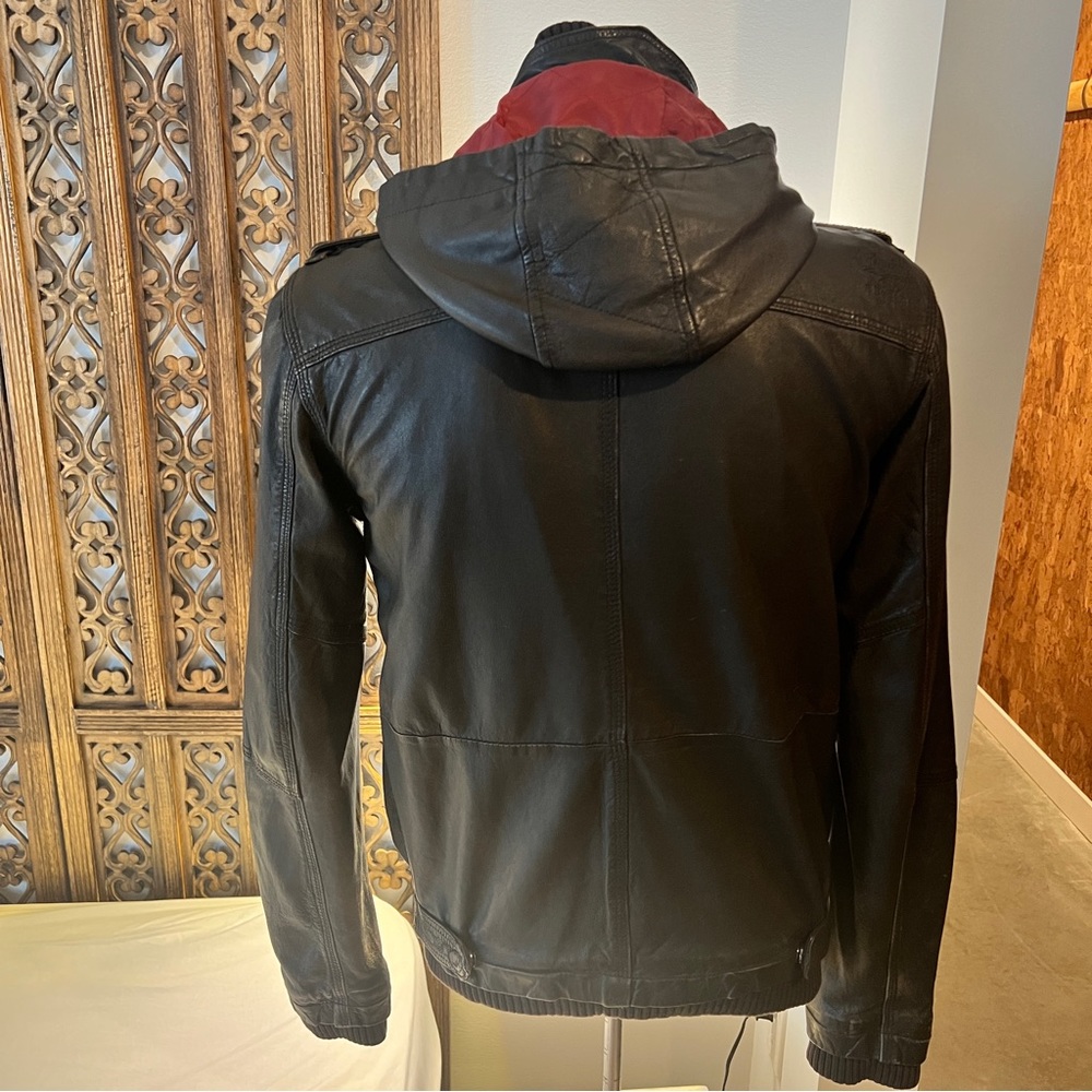 Superdry Men's Brown Leather Hooded Jacket with Red Lining - Picture 5 of 8